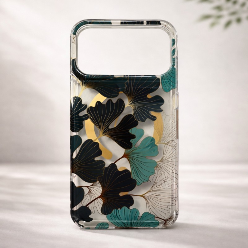 Ginkgo leaf IMD MagSafe phone case with green and gold pattern