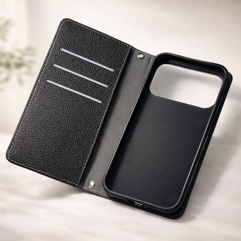 Leather Folio Phone Case with Card Slots and Wrist Strap